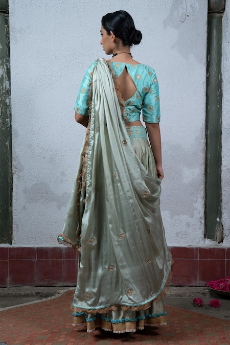 Shop Latha Puttanna Grey Crepe V Neck Embroidered Lehenga Set at Aza Fashions Shop_Latha Puttanna_Grey Crepe V Neck Embroidered Lehenga Set _at_Aza_Fashions