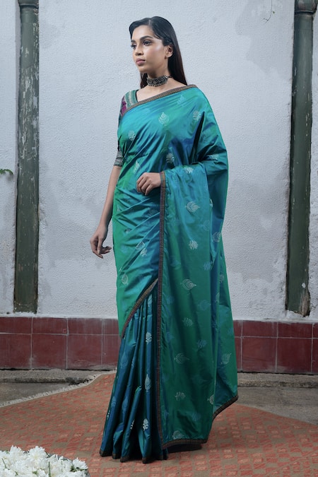 Latha Puttanna Blue Silk V Neck Hand Block Printed Saree 