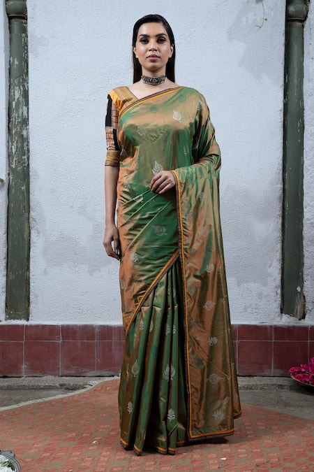 Latha Puttanna Green Silk V Neck Hand Block Printed Saree 