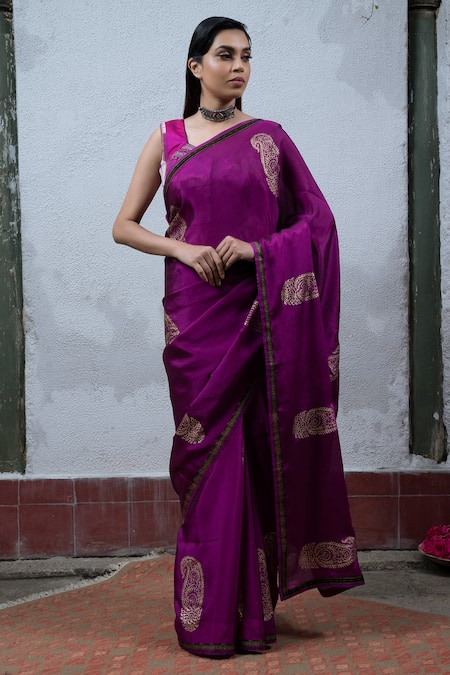 Shop_Latha Puttanna_Purple Chiffon V Neck Hand Block Printed Saree With Blouse _at_Aza_Fashions