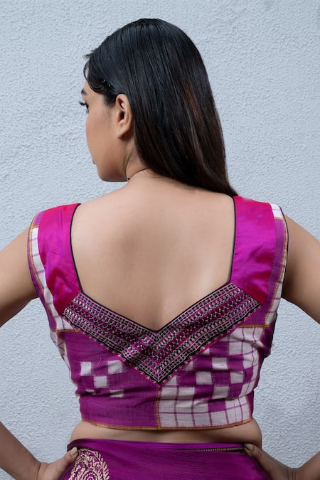 Shop_Latha Puttanna_Purple Chiffon V Neck Hand Block Printed Saree With Blouse _Online_at_Aza_Fashions