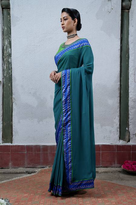 Latha Puttanna_Blue Chiffon Round Hand Block Printed Saree With Blouse_Online_at_Aza_Fashions