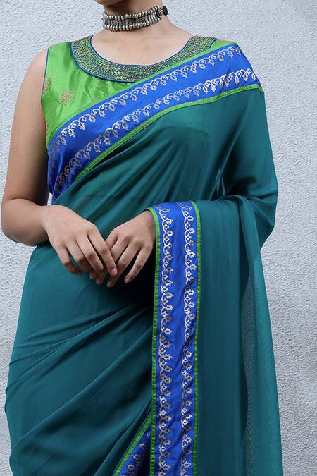 Shop_Latha Puttanna_Blue Chiffon Round Hand Block Printed Saree With Blouse_Online_at_Aza_Fashions