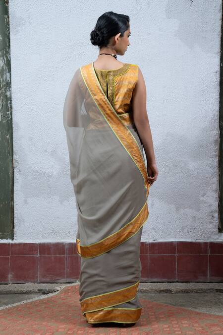 Shop Latha Puttanna Grey Chiffon Round Hand Block Printed Saree With Blouse at Aza Fashions Shop_Latha Puttanna_Grey Chiffon Round Hand Block Printed Saree With Blouse_at_Aza_Fashions