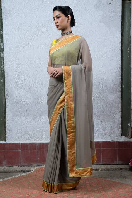 Latha Puttanna Grey Chiffon Round Hand Block Printed Saree With Blouse Online at Aza Fashions Latha Puttanna_Grey Chiffon Round Hand Block Printed Saree With Blouse_Online_at_Aza_Fashions