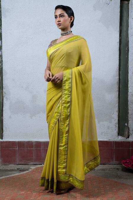 Latha Puttanna_Yellow Chiffon Round Hand Block Printed Saree With Blouse_Online_at_Aza_Fashions