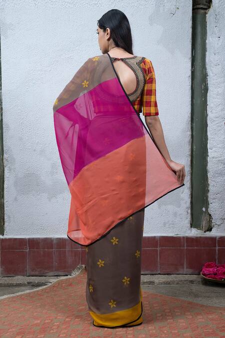 Shop Latha Puttanna Grey Chiffon Round Hand Block Printed Saree With Blouse at Aza Fashions Shop_Latha Puttanna_Grey Chiffon Round Hand Block Printed Saree With Blouse_at_Aza_Fashions