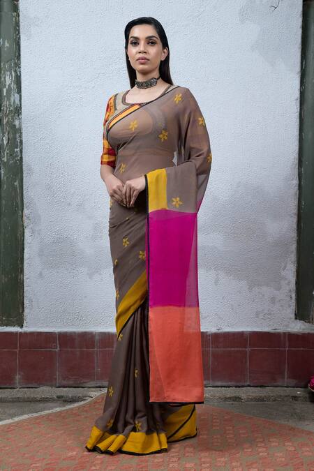 Latha Puttanna Grey Chiffon Round Hand Block Printed Saree With Blouse Online at Aza Fashions Latha Puttanna_Grey Chiffon Round Hand Block Printed Saree With Blouse_Online_at_Aza_Fashions