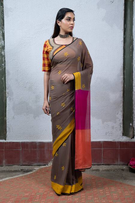 Buy Latha Puttanna Grey Chiffon Round Hand Block Printed Saree With Blouse Online at Aza Fashions Buy_Latha Puttanna_Grey Chiffon Round Hand Block Printed Saree With Blouse_Online_at_Aza_Fashions