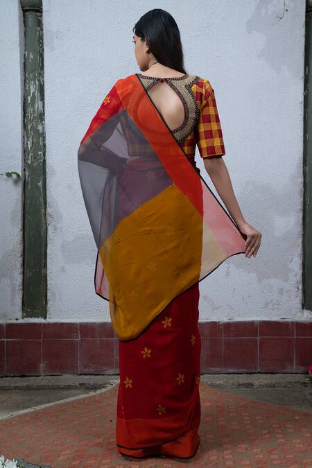 Shop Latha Puttanna Red Chiffon Round Hand Block Printed Saree With Blouse at Aza Fashions Shop_Latha Puttanna_Red Chiffon Round Hand Block Printed Saree With Blouse_at_Aza_Fashions