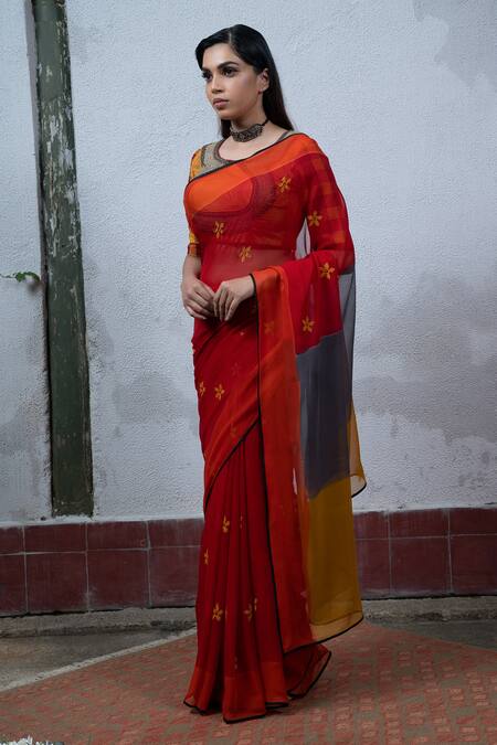 Latha Puttanna Red Chiffon Round Hand Block Printed Saree With Blouse Online at Aza Fashions Latha Puttanna_Red Chiffon Round Hand Block Printed Saree With Blouse_Online_at_Aza_Fashions