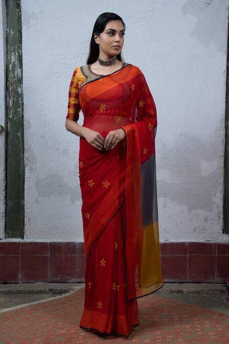 Buy Latha Puttanna Red Chiffon Round Hand Block Printed Saree With Blouse Online at Aza Fashions Buy_Latha Puttanna_Red Chiffon Round Hand Block Printed Saree With Blouse_Online_at_Aza_Fashions