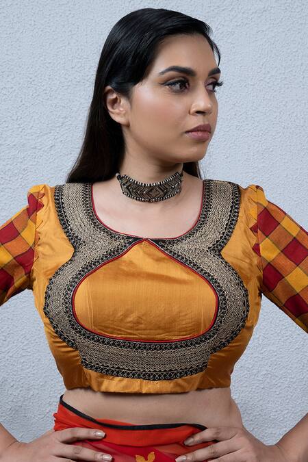 Shop Latha Puttanna Red Chiffon Round Hand Block Printed Saree With Blouse Online at Aza Fashions Shop_Latha Puttanna_Red Chiffon Round Hand Block Printed Saree With Blouse_Online_at_Aza_Fashions