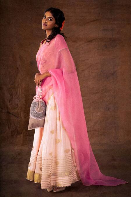 LATHA PUTTANNA_Pink Blouse Brocade Lehenga Georgette Embroidered Gandaberunda Motifs V Set_Online_at_Aza_Fashions