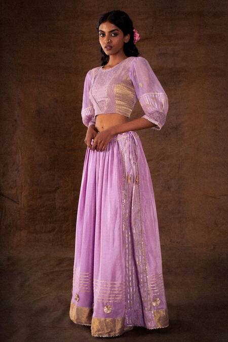 Latha Puttanna_Purple Blouse Brocade Embroidered Floral Motifs Puff Sleeve With Lehenga Set_Online_at_Aza_Fashions