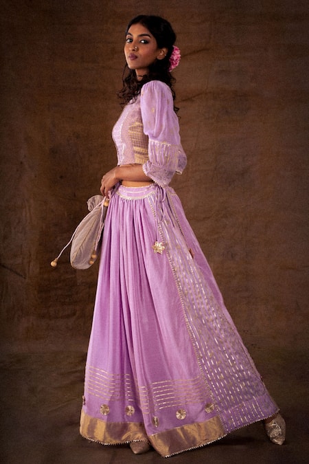 Buy_Latha Puttanna_Purple Blouse Brocade Embroidered Floral Motifs Puff Sleeve With Lehenga Set_Online_at_Aza_Fashions