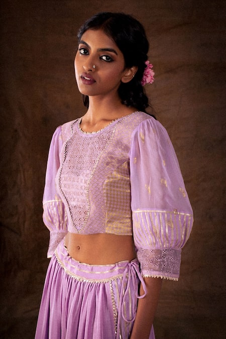 Shop_Latha Puttanna_Purple Blouse Brocade Embroidered Floral Motifs Puff Sleeve With Lehenga Set_Online_at_Aza_Fashions