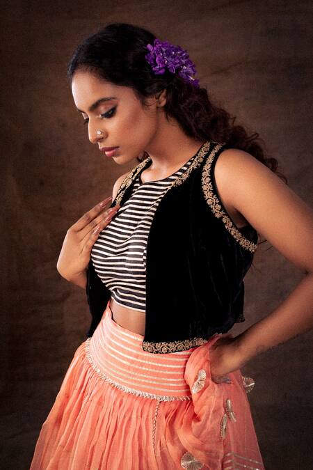 Buy_Latha Puttanna_Peach Blouse Brocade Lehenga Georgette Embroidered Gota Work Set With Jacket_Online_at_Aza_Fashions