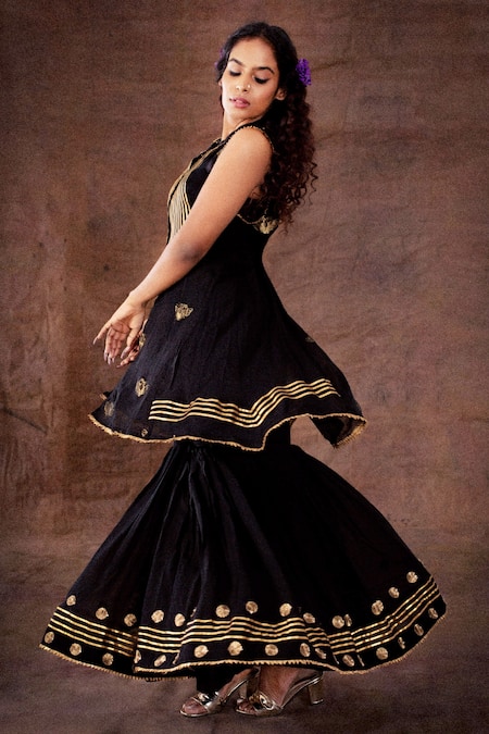 LATHA PUTTANNA_Black Georgette Printed Polkas And Flared Sharara & Kurta Set _Online_at_Aza_Fashions