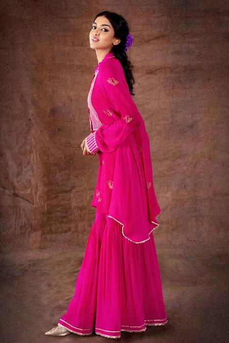 LATHA PUTTANNA_Pink Georgette Ganderbunda Motifs Band Collar Asymmetric Kurta And Sharara Set_Online_at_Aza_Fashions