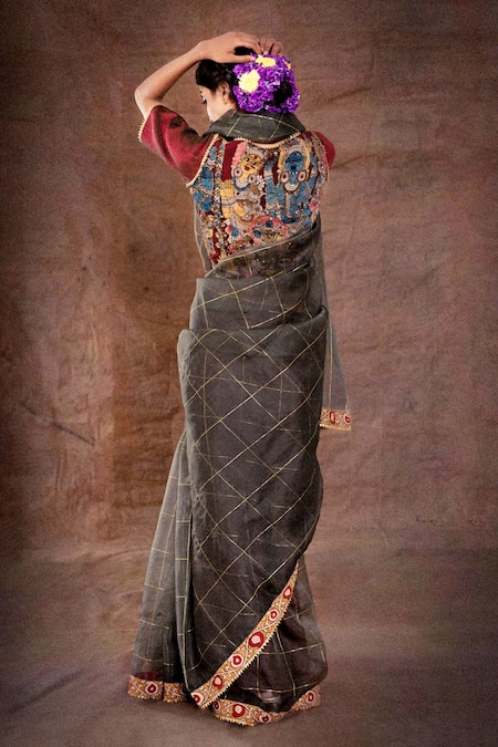 Shop_Latha Puttanna_Grey Organza Kalamkari Saree With Blouse_at_Aza_Fashions