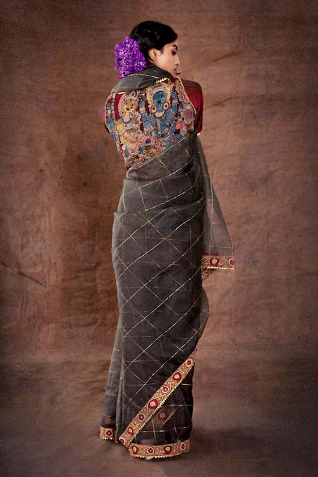 Latha Puttanna_Grey Organza Kalamkari Saree With Blouse_Online_at_Aza_Fashions