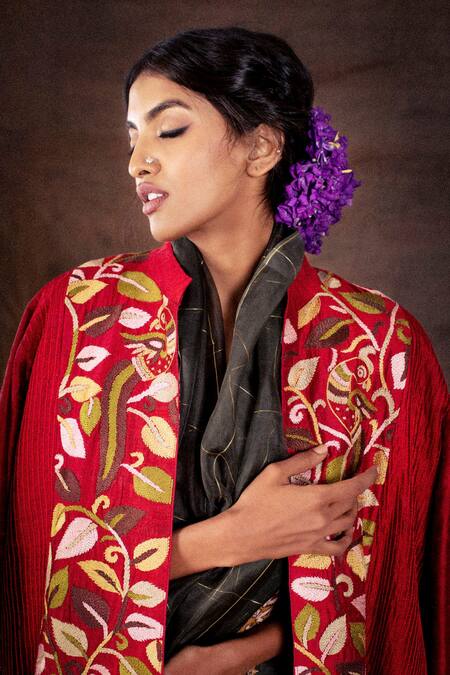 Shop_Latha Puttanna_Grey Organza Kalamkari Saree With Blouse_Online_at_Aza_Fashions