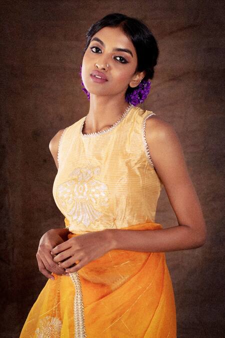 Buy_LATHA PUTTANNA_Orange Silk Organza Round Saree With Embroidered Blouse_Online_at_Aza_Fashions