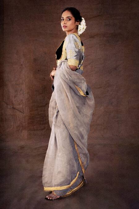 LATHA PUTTANNA_Grey Blouse , Velvet Saree Organza V Neck Metallic With_Online_at_Aza_Fashions