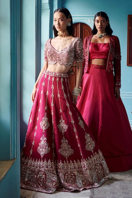 Buy Apple Red Raw Silk Bridal Lehenga with Hand Embroidery