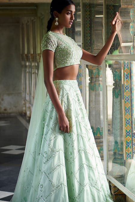 Buy Green Lehenga Habutai Silk Embroidery Geometric Round Bridal