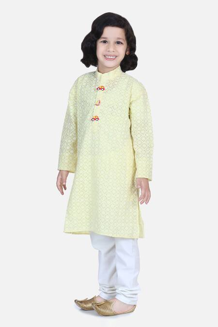 Lil Picks_Yellow Cotton Chikankari Kurta With Pyjama _Online_at_Aza_Fashions