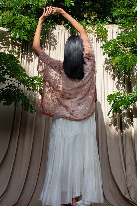 Shop Labbada White Chanderi V Neck Dress With Embroidered Jacket at Aza Fashions Shop_Labbada_White Chanderi V Neck Dress With Embroidered Jacket_at_Aza_Fashions