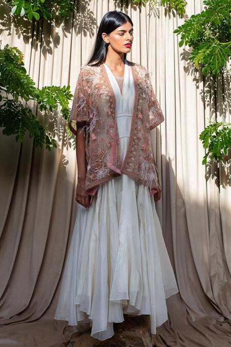 Labbada White Chanderi V Neck Dress With Embroidered Jacket Online at Aza Fashions Labbada_White Chanderi V Neck Dress With Embroidered Jacket_Online_at_Aza_Fashions