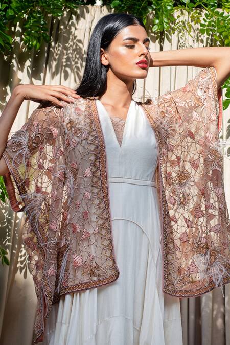 Buy Labbada White Chanderi V Neck Dress With Embroidered Jacket Online at Aza Fashions Buy_Labbada_White Chanderi V Neck Dress With Embroidered Jacket_Online_at_Aza_Fashions