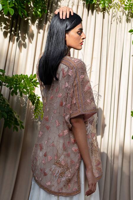 Shop Labbada White Chanderi V Neck Dress With Embroidered Jacket Online at Aza Fashions Shop_Labbada_White Chanderi V Neck Dress With Embroidered Jacket_Online_at_Aza_Fashions