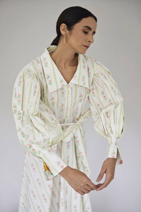 Pallavi Kandoi_White 100% Cotton Floral Print Straight Collar Puff Sleeve Dress _at_Aza_Fashions