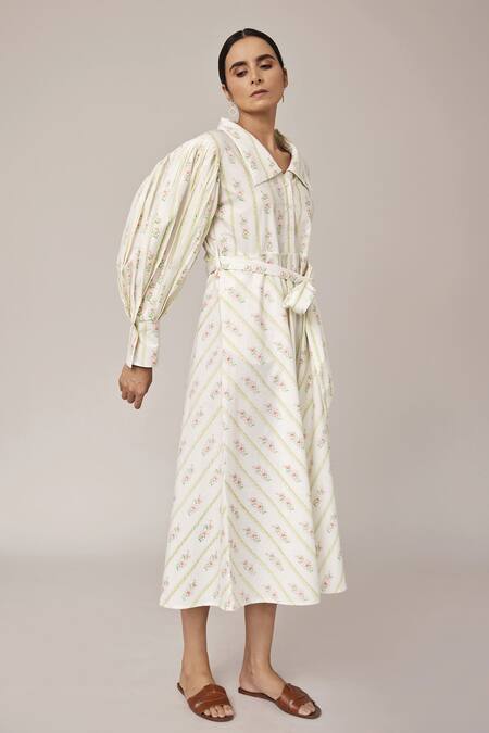 Shop_Pallavi Kandoi_White 100% Cotton Floral Print Straight Collar Puff Sleeve Dress _Online_at_Aza_Fashions