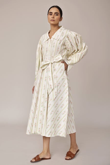 Pallavi Kandoi White 100% Cotton Printed Floral Straight Collar Puff Sleeve Dress 