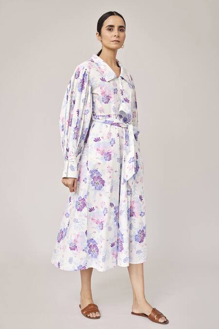 Buy Pallavi Kandoi Purple 100% Cotton Floral Print Straight Collar Puff Sleeve Dress Online at Aza Fashions Buy_Pallavi Kandoi_Purple 100% Cotton Floral Print Straight Collar Puff Sleeve Dress _Online_at_Aza_Fashions