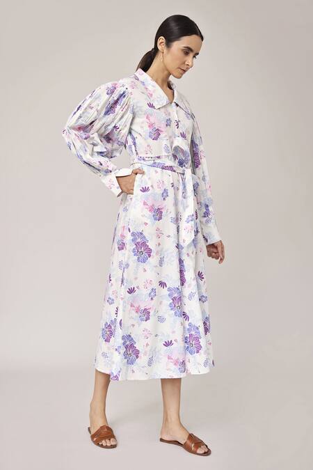 Pallavi Kandoi Purple 100% Cotton Floral Print Straight Collar Puff Sleeve Dress Online at Aza Fashions Pallavi Kandoi_Purple 100% Cotton Floral Print Straight Collar Puff Sleeve Dress _Online_at_Aza_Fashions
