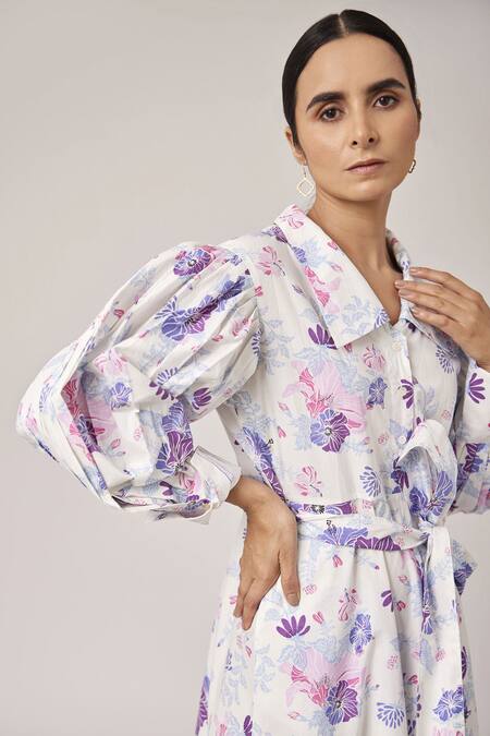 Shop Pallavi Kandoi Purple 100% Cotton Floral Print Straight Collar Puff Sleeve Dress Online at Aza Fashions Shop_Pallavi Kandoi_Purple 100% Cotton Floral Print Straight Collar Puff Sleeve Dress _Online_at_Aza_Fashions