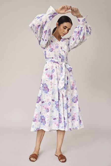 Pallavi Kandoi Purple 100% Cotton Printed Floral Straight Collar Puff Sleeve Dress 