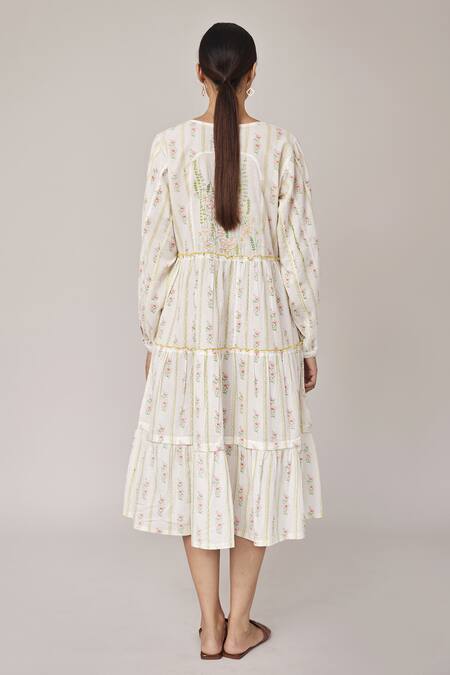 Shop Pallavi Kandoi White 100% Cotton Floral Print, Thread Work Round Tiered Dress at Aza Fashions Shop_Pallavi Kandoi_White 100% Cotton Floral Print, Thread Work Round Tiered Dress_at_Aza_Fashions