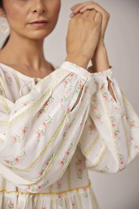 Buy Pallavi Kandoi White 100% Cotton Floral Print, Thread Work Round Tiered Dress Online at Aza Fashions Buy_Pallavi Kandoi_White 100% Cotton Floral Print, Thread Work Round Tiered Dress_Online_at_Aza_Fashions