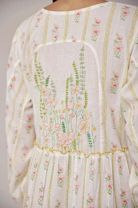 Shop Pallavi Kandoi White 100% Cotton Floral Print, Thread Work Round Tiered Dress Online at Aza Fashions Shop_Pallavi Kandoi_White 100% Cotton Floral Print, Thread Work Round Tiered Dress_Online_at_Aza_Fashions