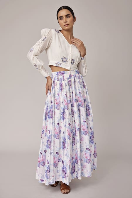 Buy Pallavi Kandoi White 30% Silk, 70% Cotton Floral Print, Thread Embroidered Top And Skirt Set Online at Aza Fashions Buy_Pallavi Kandoi_White 30% Silk, 70% Cotton Floral Print, Thread Embroidered Top And Skirt Set _Online_at_Aza_Fashions
