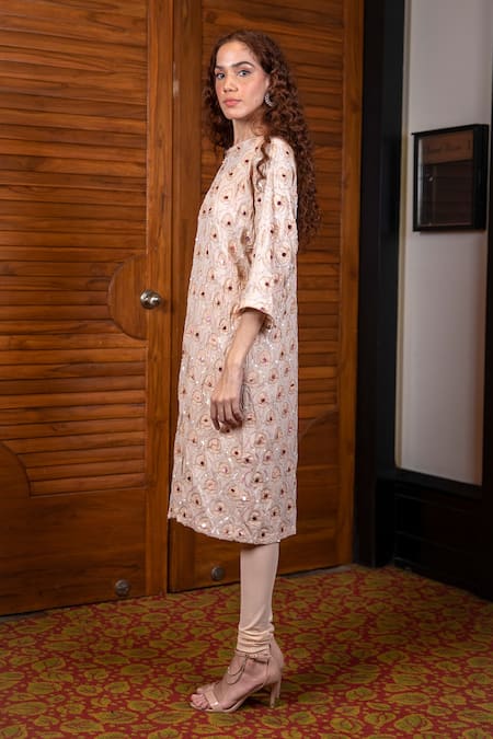 Labbada_Beige Churidar Power Net, Kurta Double Georgette Floral Boat Patchwork Set_Online_at_Aza_Fashions