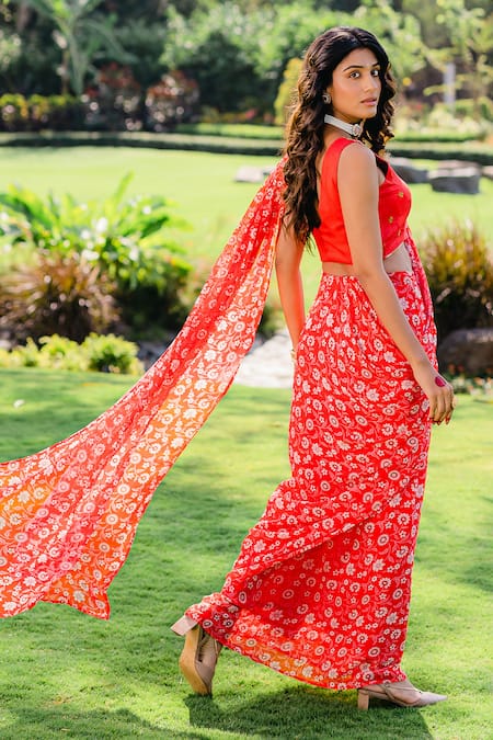 Redpine Designs_Red Silk, Viscose Embroidery, Sequins, Pre-draped Floral Print Saree With Blouse _Online_at_Aza_Fashions