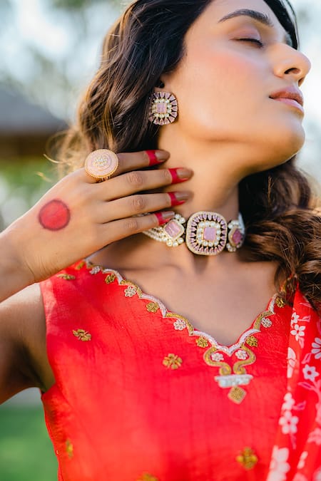 Shop_Redpine Designs_Red Silk, Viscose Embroidery, Sequins, Pre-draped Floral Print Saree With Blouse _Online_at_Aza_Fashions